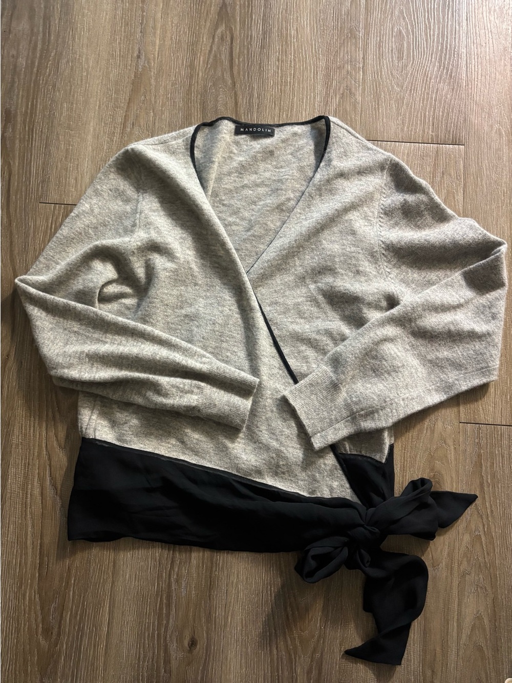 Mandolin Wrap Sweater two tone 
Heather Grey Blakc Silk Lambswool Balletcore